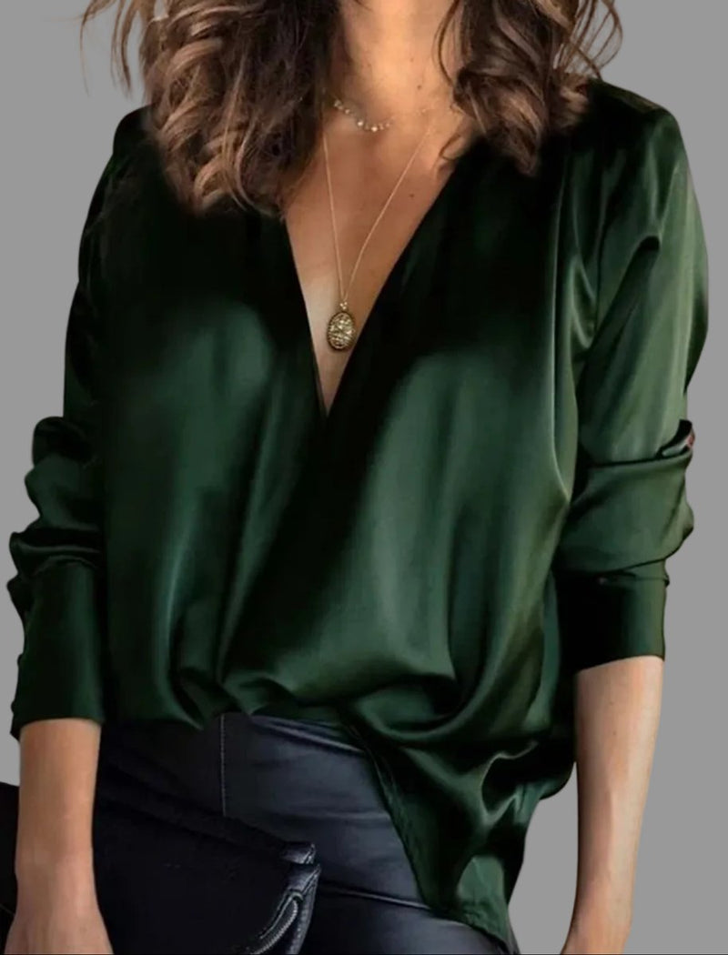 Amelia Women's Blouse | Satin Long Sleeve Deep V-Neck Top 0