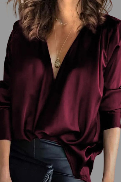 Amelia Women's Blouse | Satin Long Sleeve Deep V-Neck Top 1