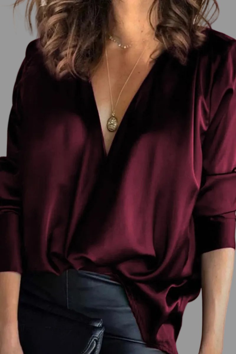 Amelia Women's Blouse | Satin Long Sleeve Deep V-Neck Top 1