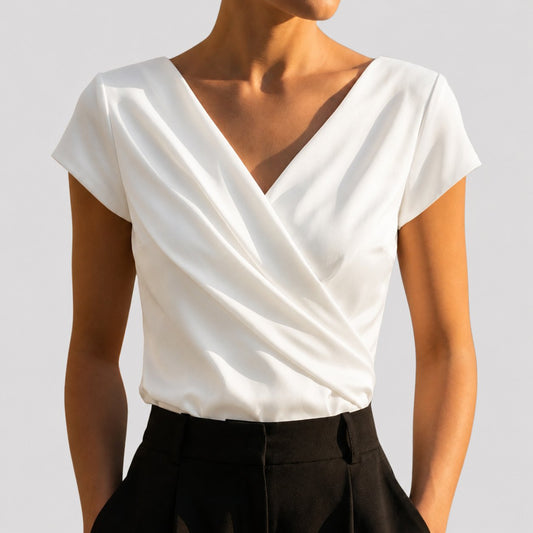 Amelia Women's Draped Wrap Blouse | V-Neck Cap Sleeve 0