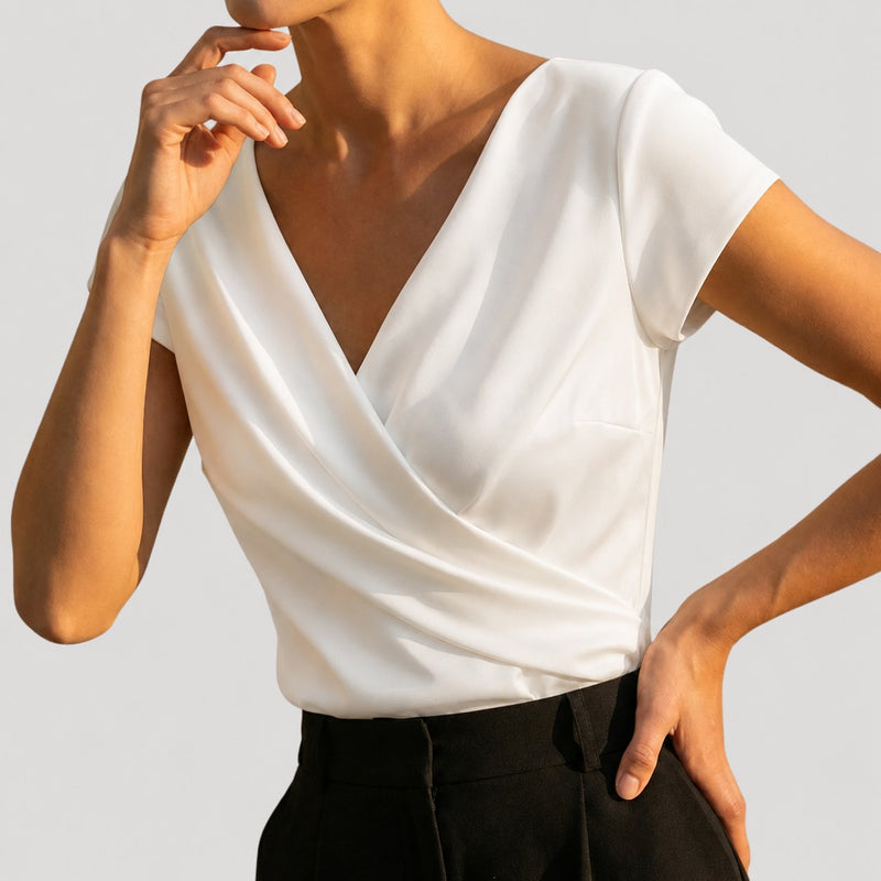 Amelia Women's Draped Wrap Blouse | V-Neck Cap Sleeve 1