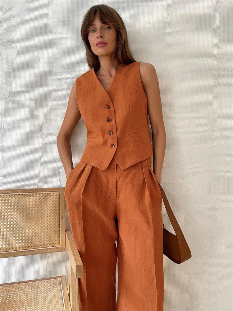 Amelia Women's Suit | Linen Waistcoat and Wide-Leg Trousers Set 0