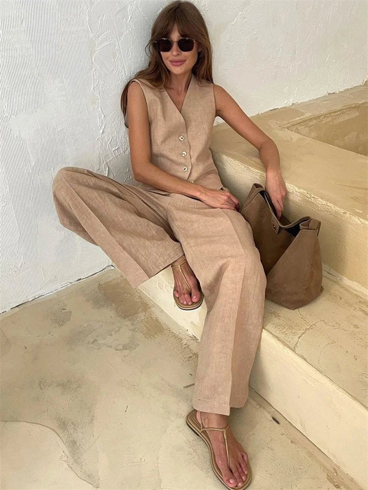 Amelia Women's Suit | Linen Waistcoat and Wide-Leg Trousers Set 1