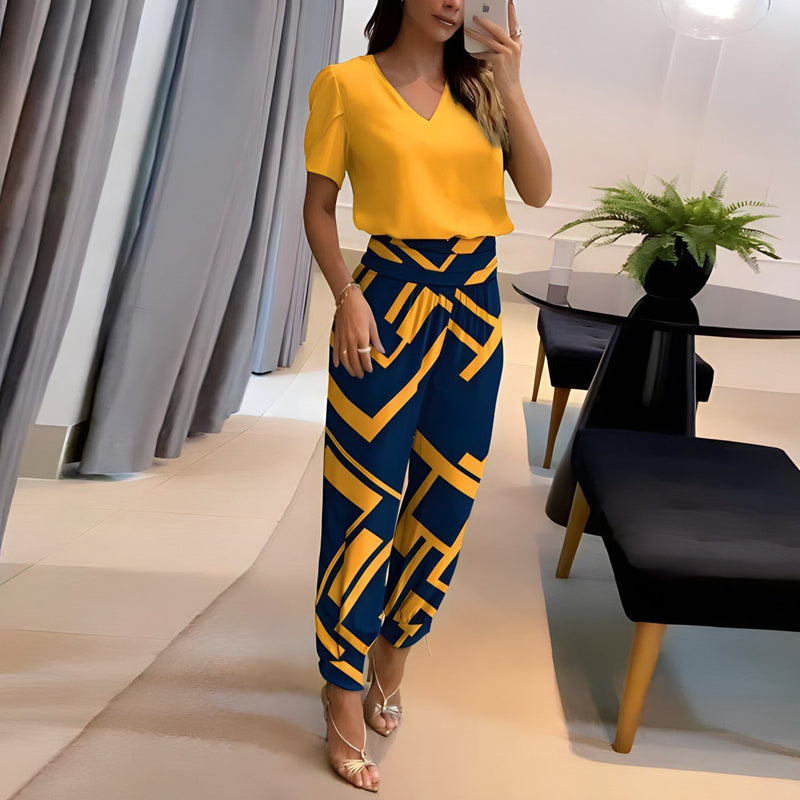 Elysia Women's Two Piece Set | V-Neck Short Sleeve Top, Wide Leg Trousers, Geometric Print 0
