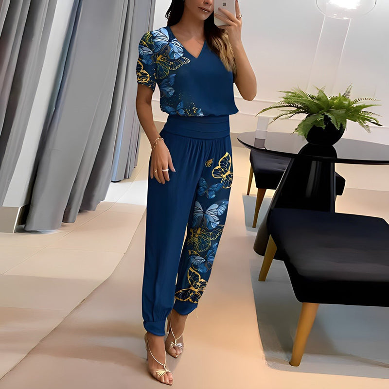 Elysia Women's Two Piece Set | V-Neck Short Sleeve Top, Wide Leg Trousers, Geometric Print 1