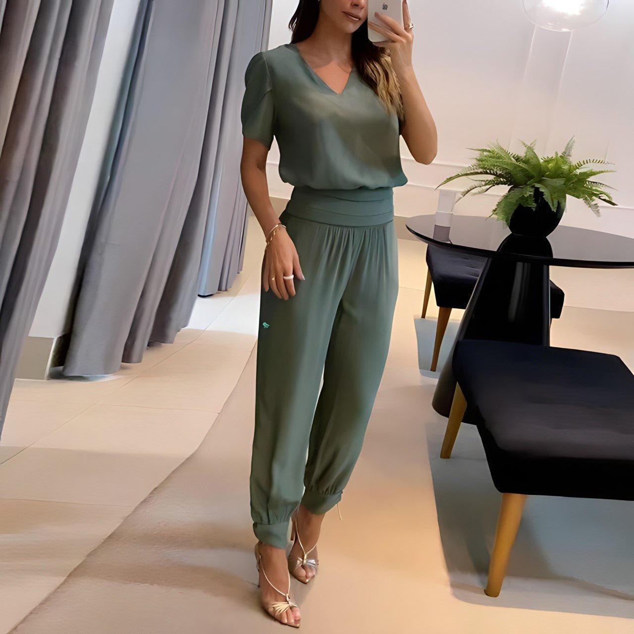 Elysia Women's Two Piece Set | V-Neck Short Sleeve Top, Wide Leg Trousers, Geometric Print 2