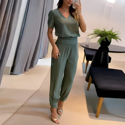 Elysia Women's Two Piece Set | V-Neck Short Sleeve Top, Wide Leg Trousers, Geometric Print 2