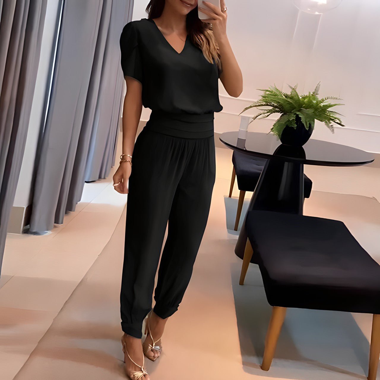 Elysia Women's Two Piece Set | V-Neck Short Sleeve Top, Wide Leg Trousers, Geometric Print 3