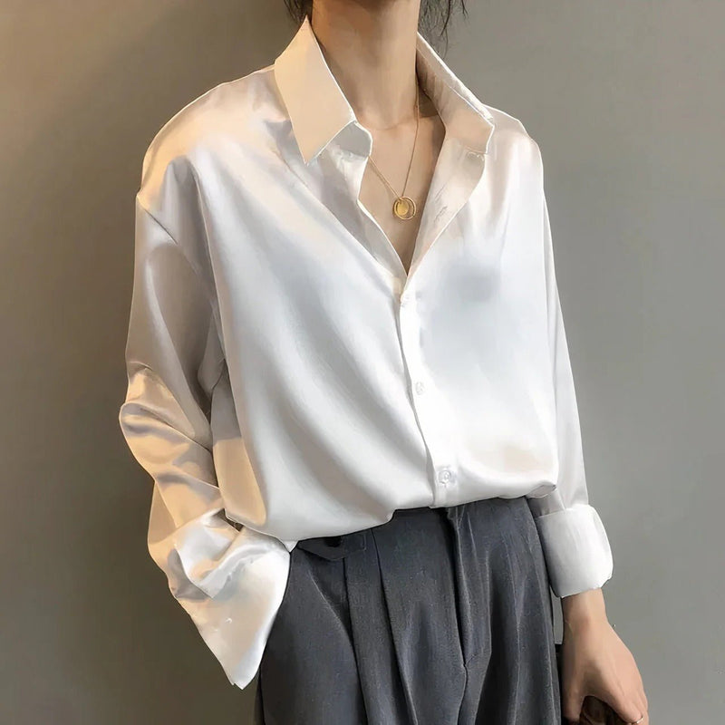 Evelyn Women's Satin Blouse | Long Sleeve Button-Down 1