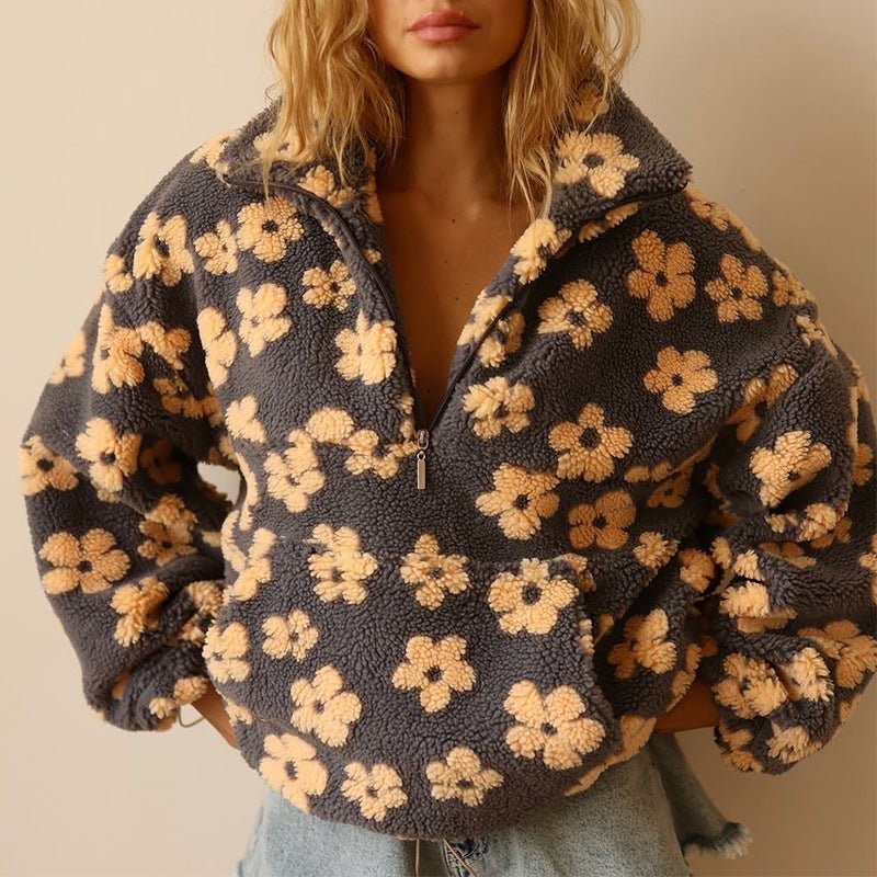 Gina Women's Jumper | Oversized Floral Teddy Fleece, Half-Zip Cozy Style 0