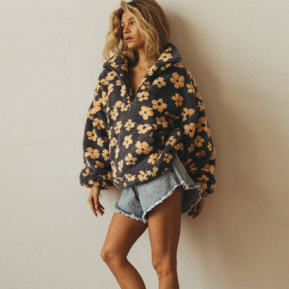 Gina Women's Jumper | Oversized Floral Teddy Fleece, Half-Zip Cozy Style 2