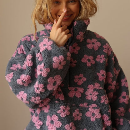 Gina Women's Jumper | Oversized Floral Teddy Fleece, Half-Zip Cozy Style 3