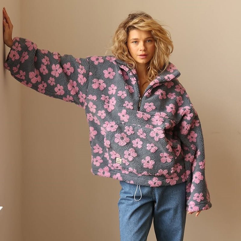 Gina Women's Jumper | Oversized Floral Teddy Fleece, Half-Zip Cozy Style 4