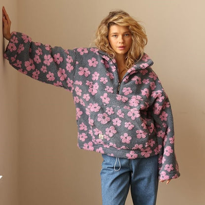 Gina Women's Jumper | Oversized Floral Teddy Fleece, Half-Zip Cozy Style 4