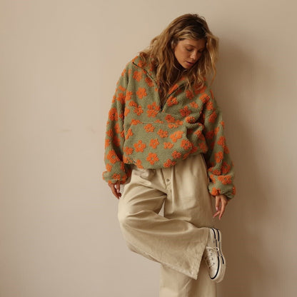 Gina Women's Jumper | Oversized Floral Teddy Fleece, Half-Zip Cozy Style 7