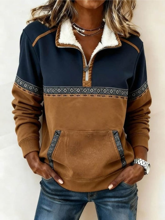 Grace Women's Quarter-Zip Fleece Pullover | Sherpa-Lined, Colour-Block Aztec Design 0
