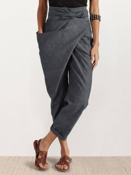 Isla Women's Cropped Tapered Trousers | High-Waist Wrap-Front with Bow Tie 0