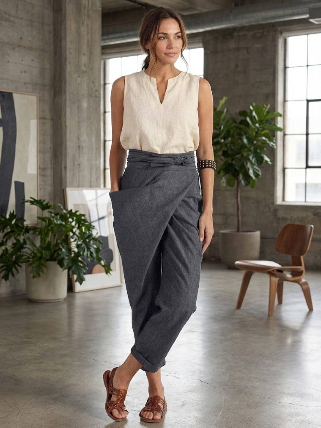 Isla Women's Cropped Tapered Trousers | High-Waist Wrap-Front with Bow Tie 1
