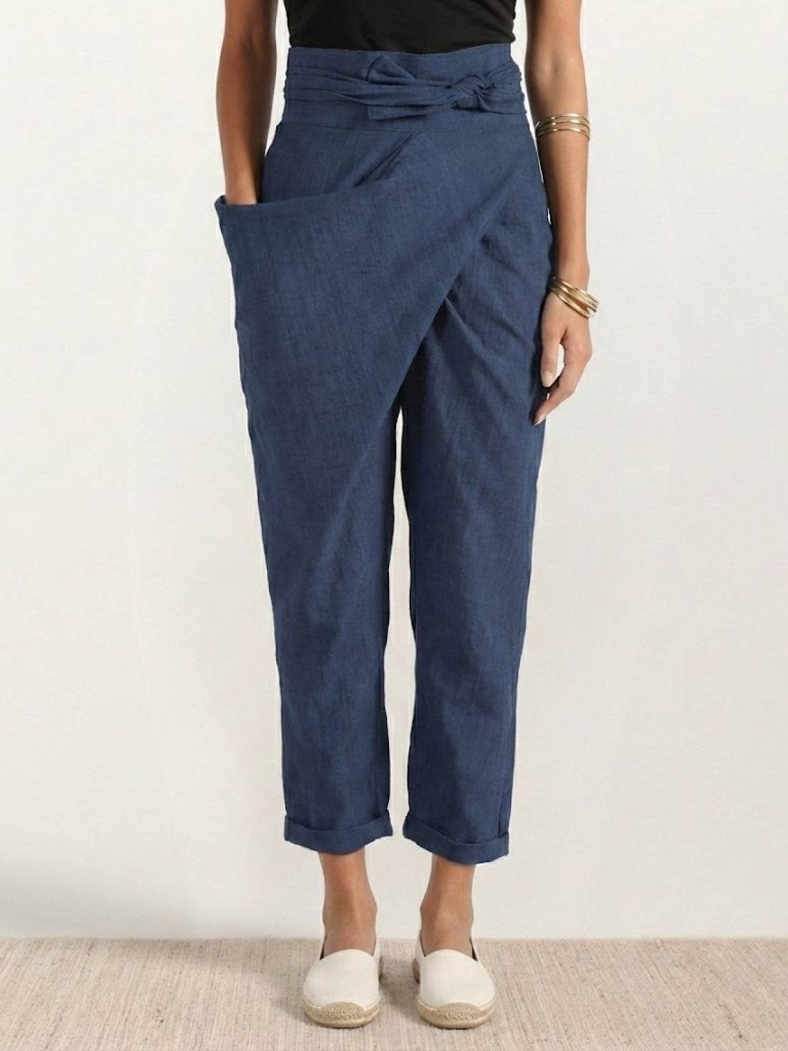 Isla Women's Cropped Tapered Trousers | High-Waist Wrap-Front with Bow Tie 10