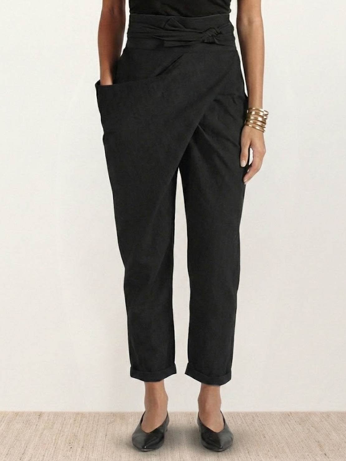 Isla Women's Cropped Tapered Trousers | High-Waist Wrap-Front with Bow Tie 11