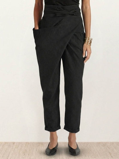 Isla Women's Cropped Tapered Trousers | High-Waist Wrap-Front with Bow Tie 11