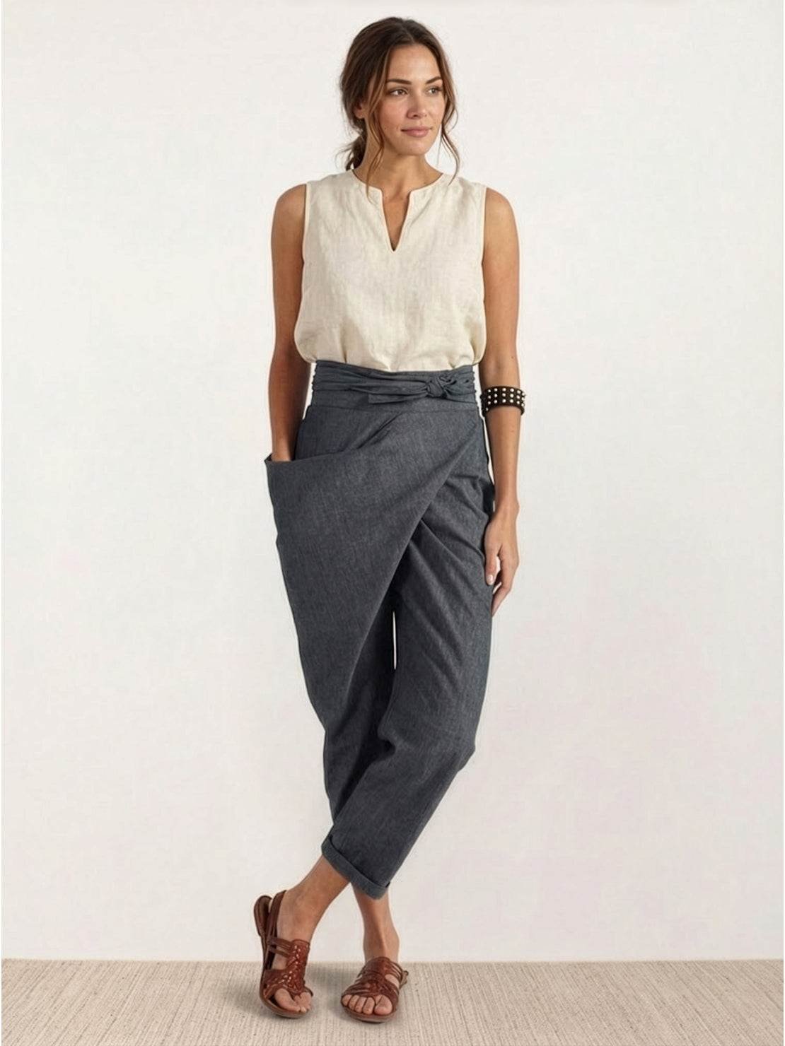 Isla Women's Cropped Tapered Trousers | High-Waist Wrap-Front with Bow Tie 4