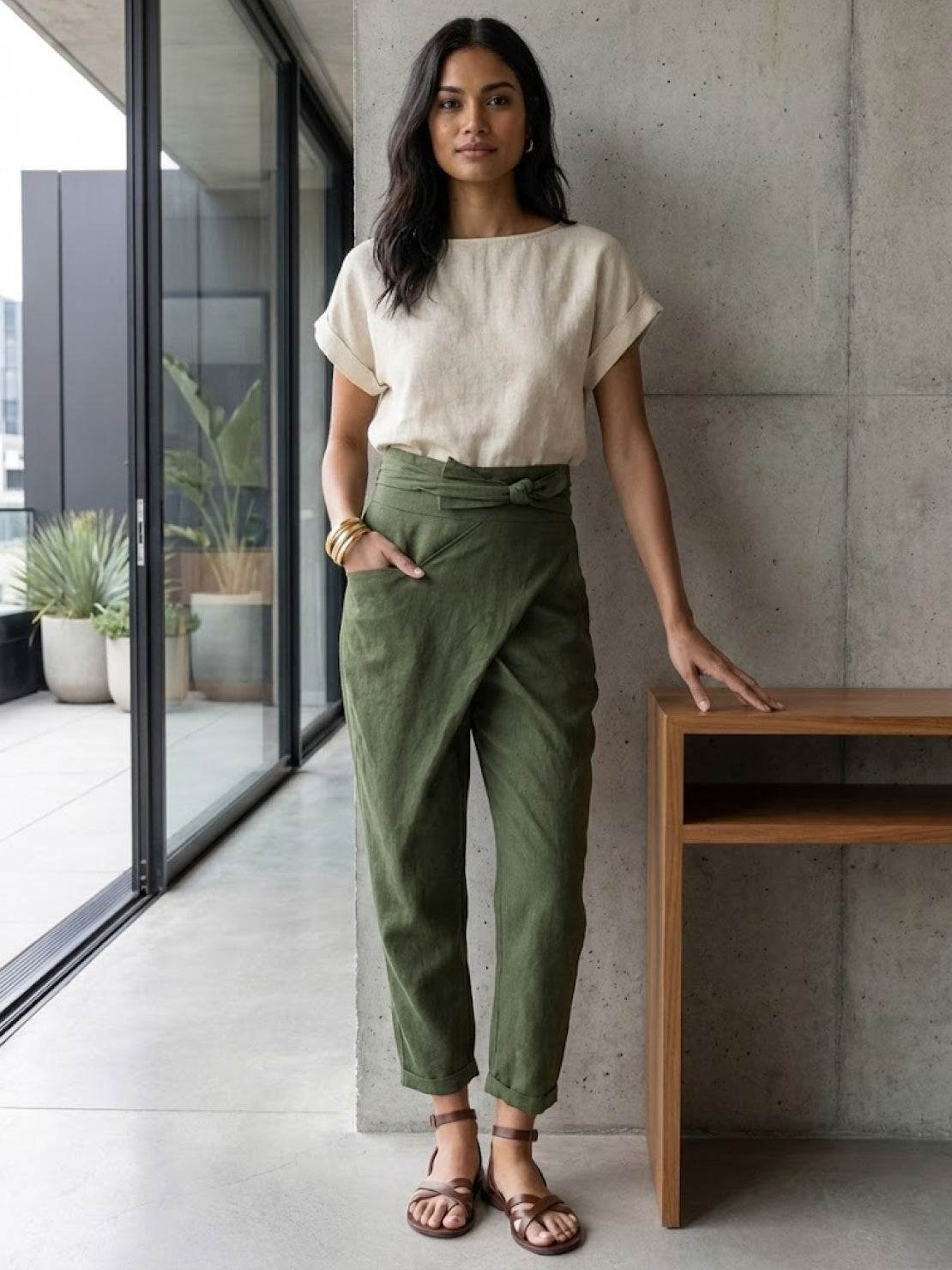 Isla Women's Cropped Tapered Trousers | High-Waist Wrap-Front with Bow Tie 6