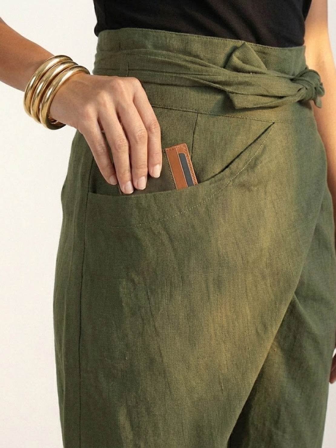 Isla Women's Cropped Tapered Trousers | High-Waist Wrap-Front with Bow Tie 8
