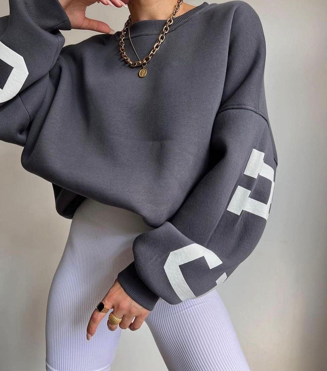Isla Women's Jumper | Oversized Fleece-Lined Crewneck with Varsity Sleeves 2