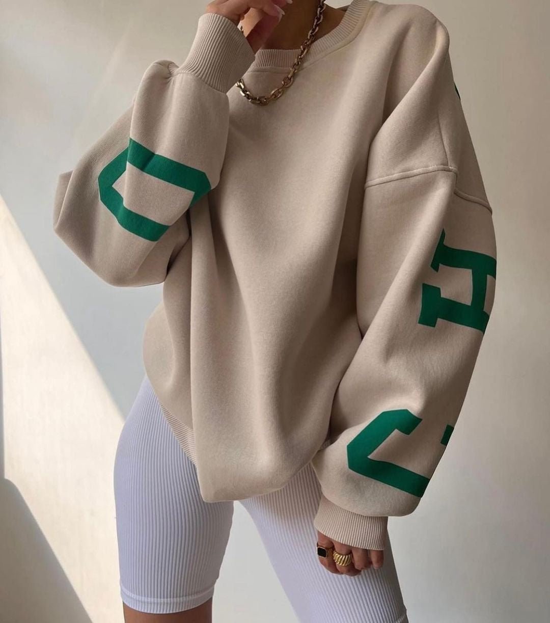 Isla Women's Jumper | Oversized Fleece-Lined Crewneck with Varsity Sleeves 3