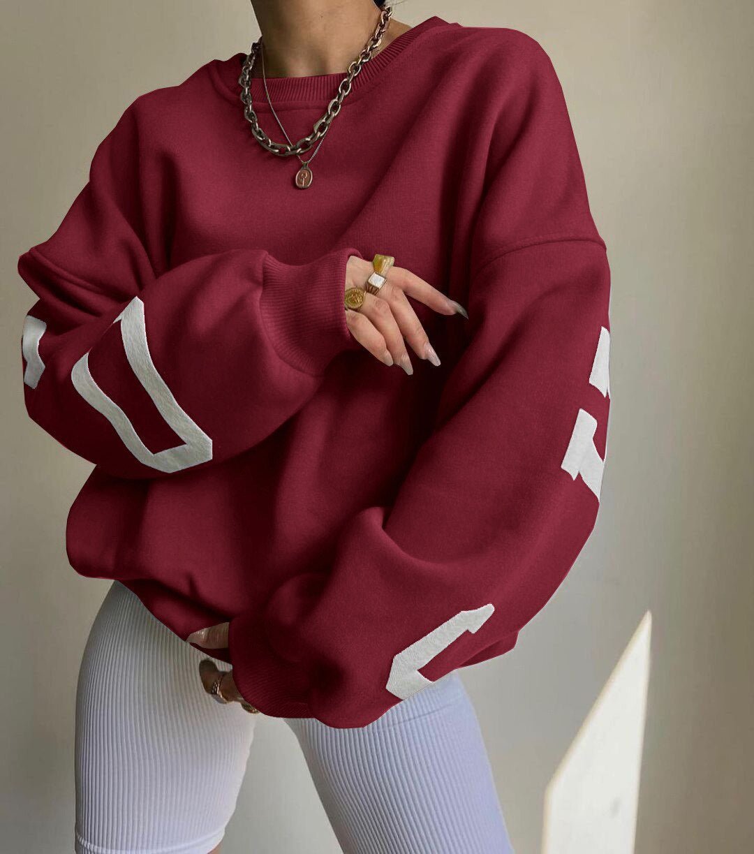 Isla Women's Jumper | Oversized Fleece-Lined Crewneck with Varsity Sleeves 5
