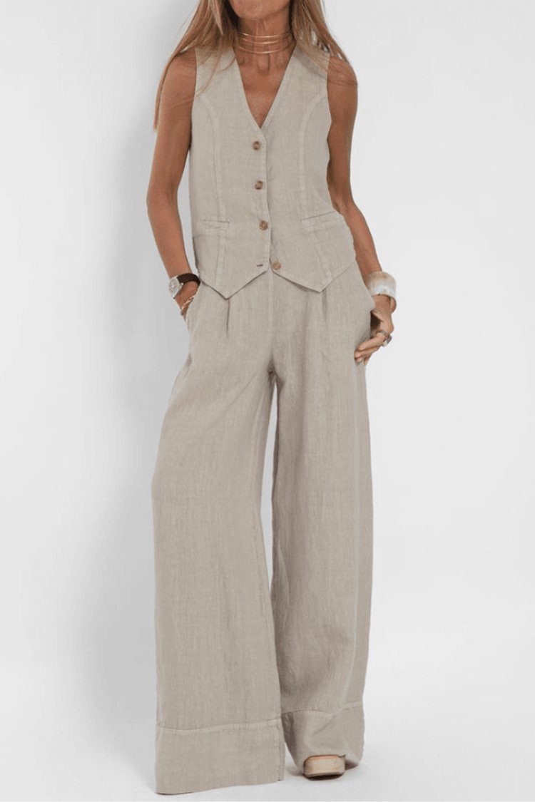 Ivy Women's Two Piece Set | Sleeveless Waistcoat & Wide-Leg Trousers, Beige Matching Co-Ord Set 0