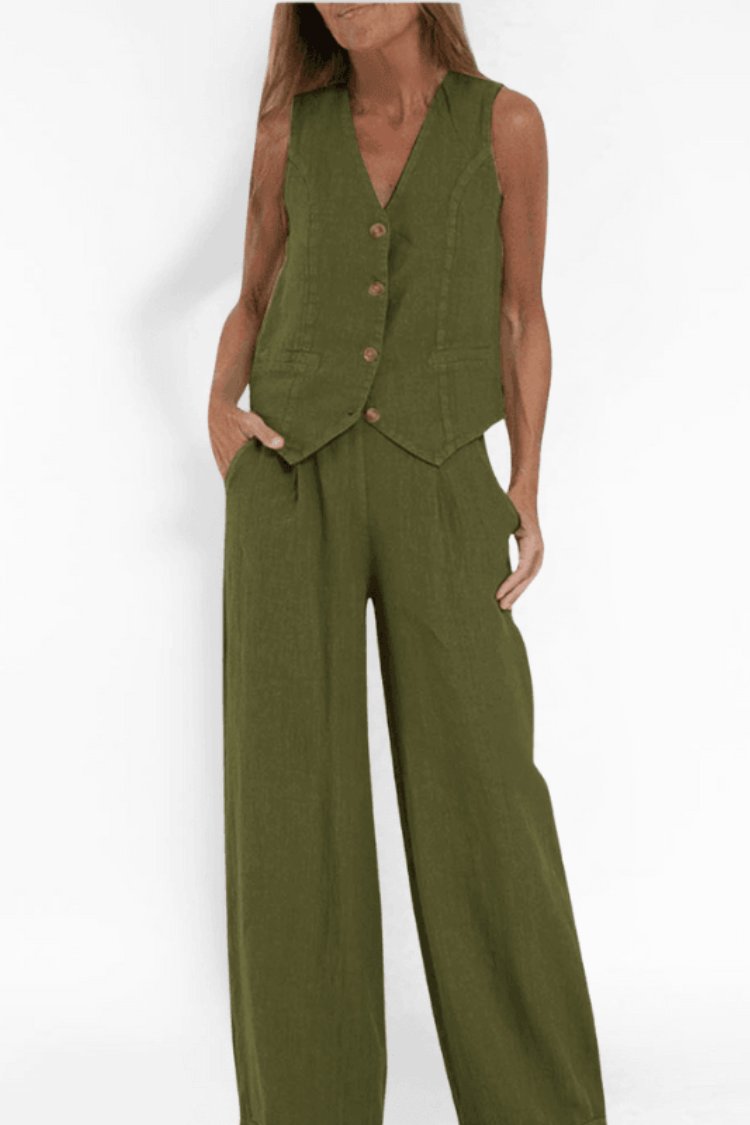 Ivy Women's Two Piece Set | Sleeveless Waistcoat & Wide-Leg Trousers, Beige Matching Co-Ord Set 1
