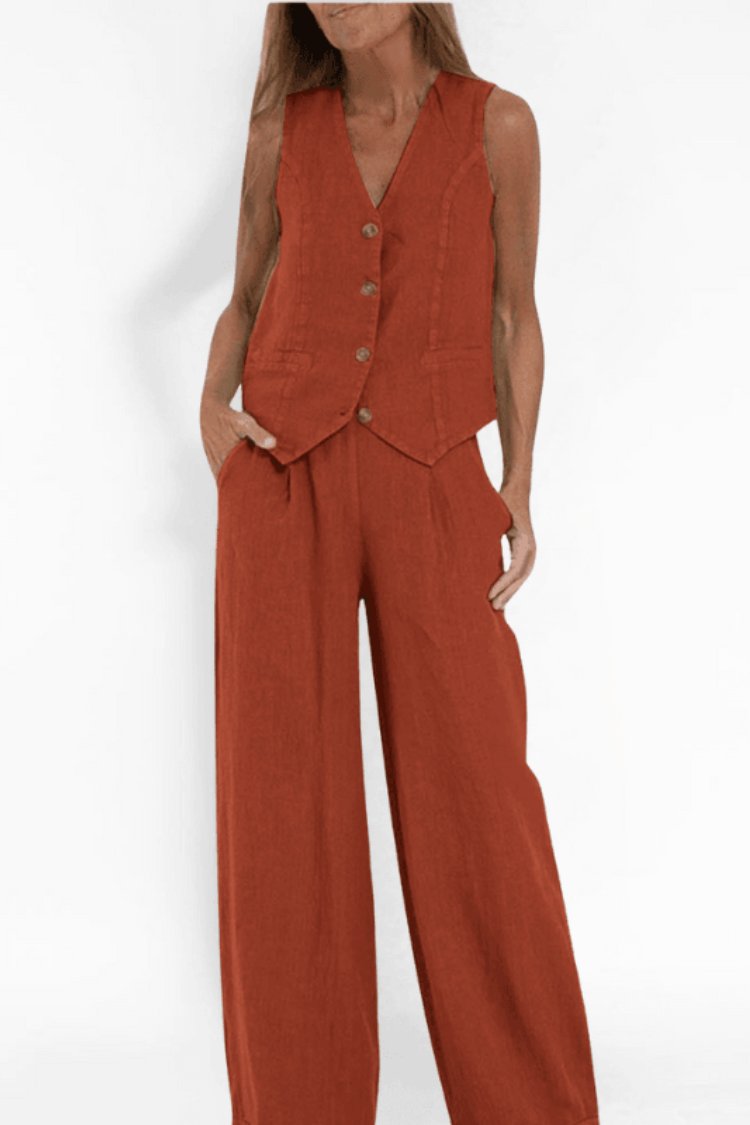 Ivy Women's Two Piece Set | Sleeveless Waistcoat & Wide-Leg Trousers, Beige Matching Co-Ord Set 4