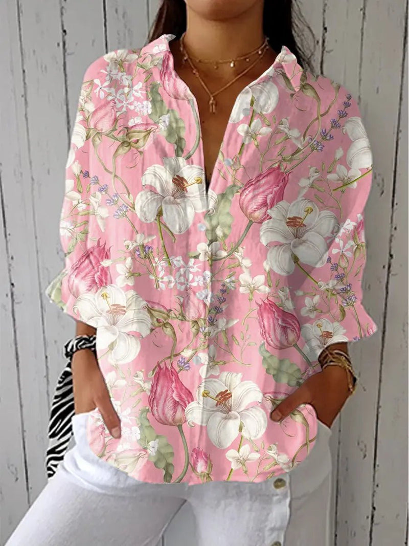 Olivia Women's Blouse | Relaxed Fit Floral Print Button-Front 0