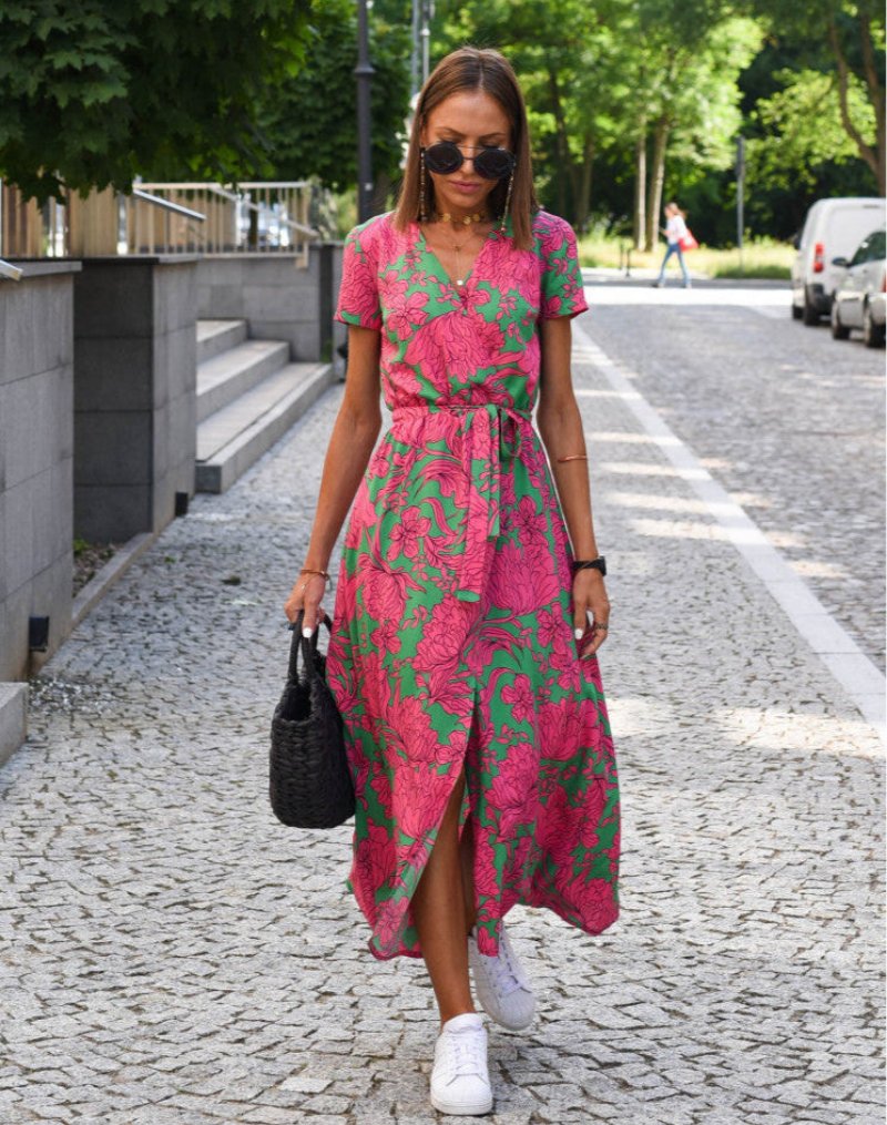 Phoebe Women's Midi Dress | Floral Cotton Wrap V-Neck Tie-Waist 0