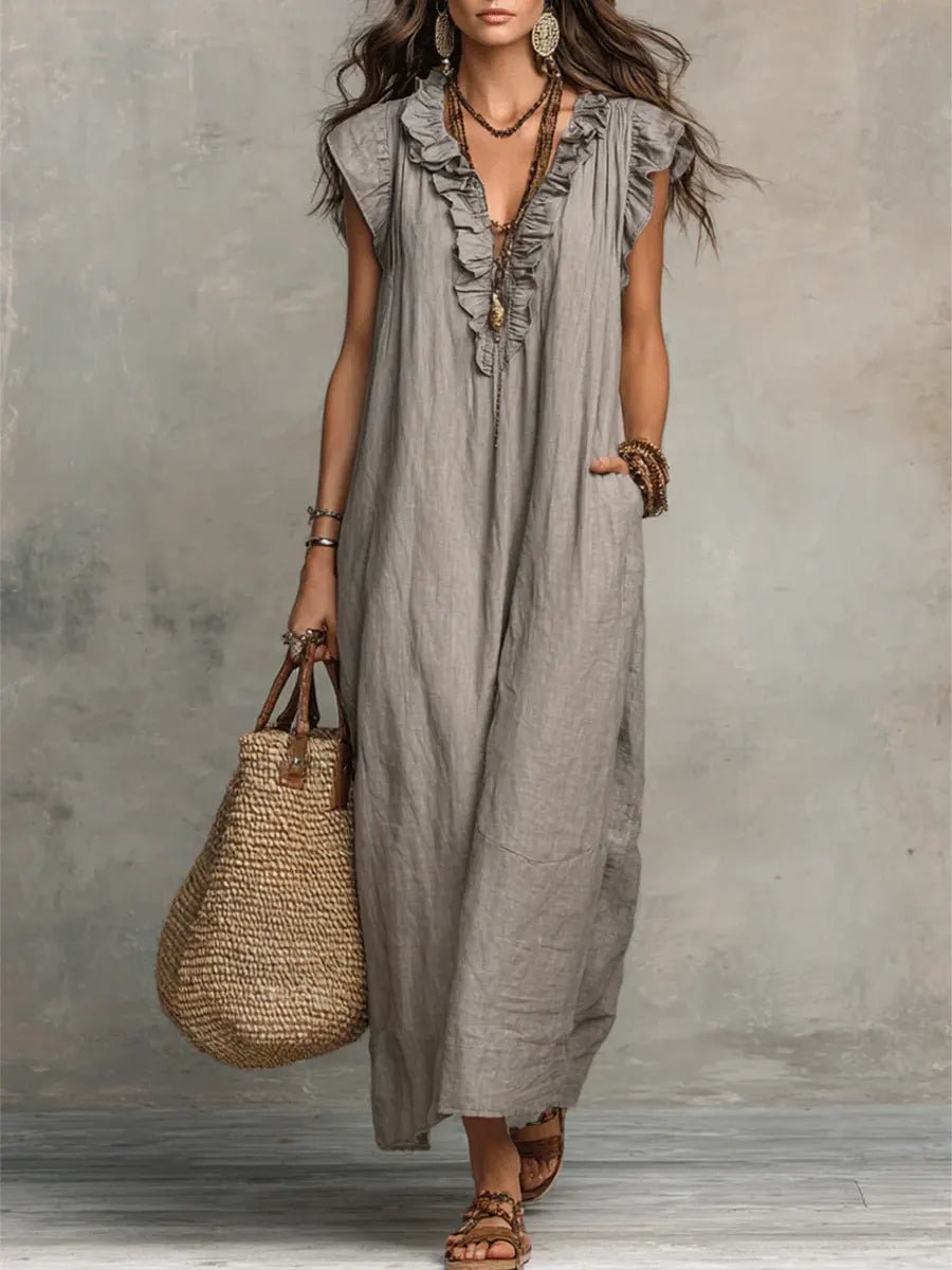 Scarlett Women's Maxi Dress | Linen, Ruffle V-Neck, Flutter Sleeves 0