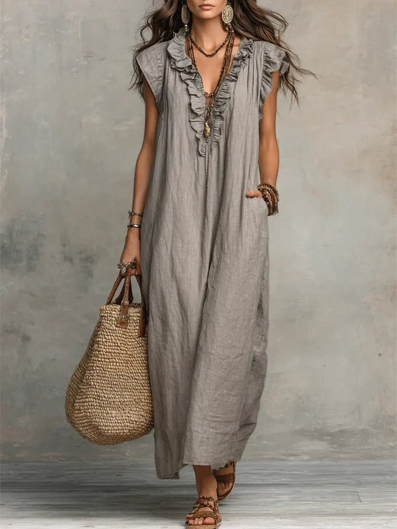 Scarlett Women's Maxi Dress | Linen, Ruffle V-Neck, Flutter Sleeves 0