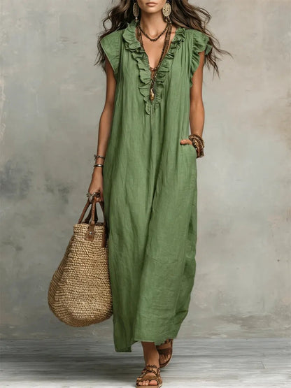 Scarlett Women's Maxi Dress | Linen, Ruffle V-Neck, Flutter Sleeves 1
