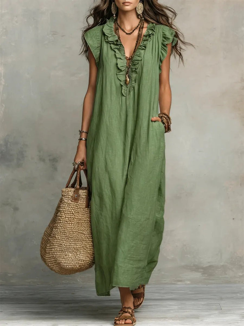 Scarlett Women's Maxi Dress | Linen, Ruffle V-Neck, Flutter Sleeves 1