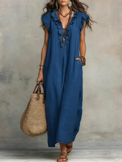 Scarlett Women's Maxi Dress | Linen, Ruffle V-Neck, Flutter Sleeves 2