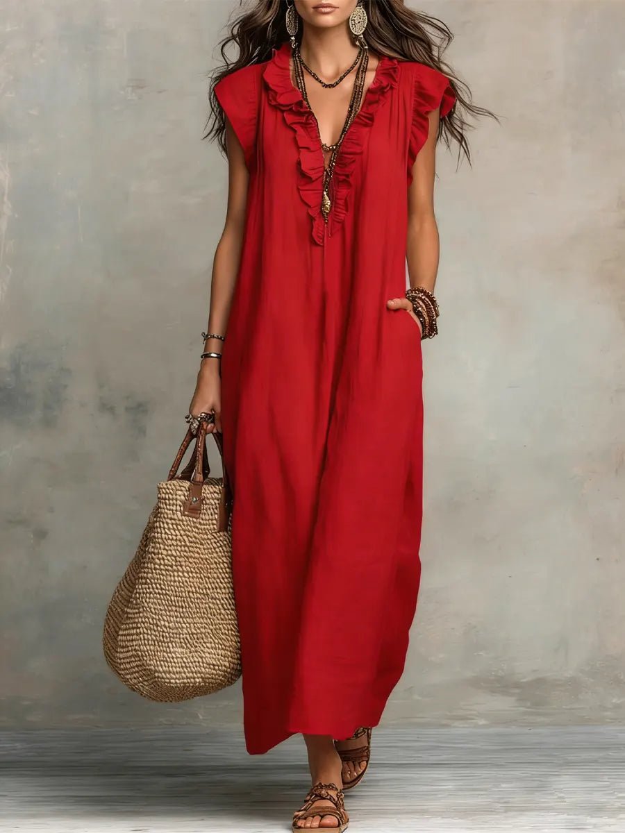Scarlett Women's Maxi Dress | Linen, Ruffle V-Neck, Flutter Sleeves 3