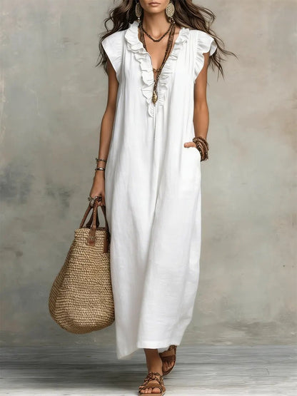 Scarlett Women's Maxi Dress | Linen, Ruffle V-Neck, Flutter Sleeves 4