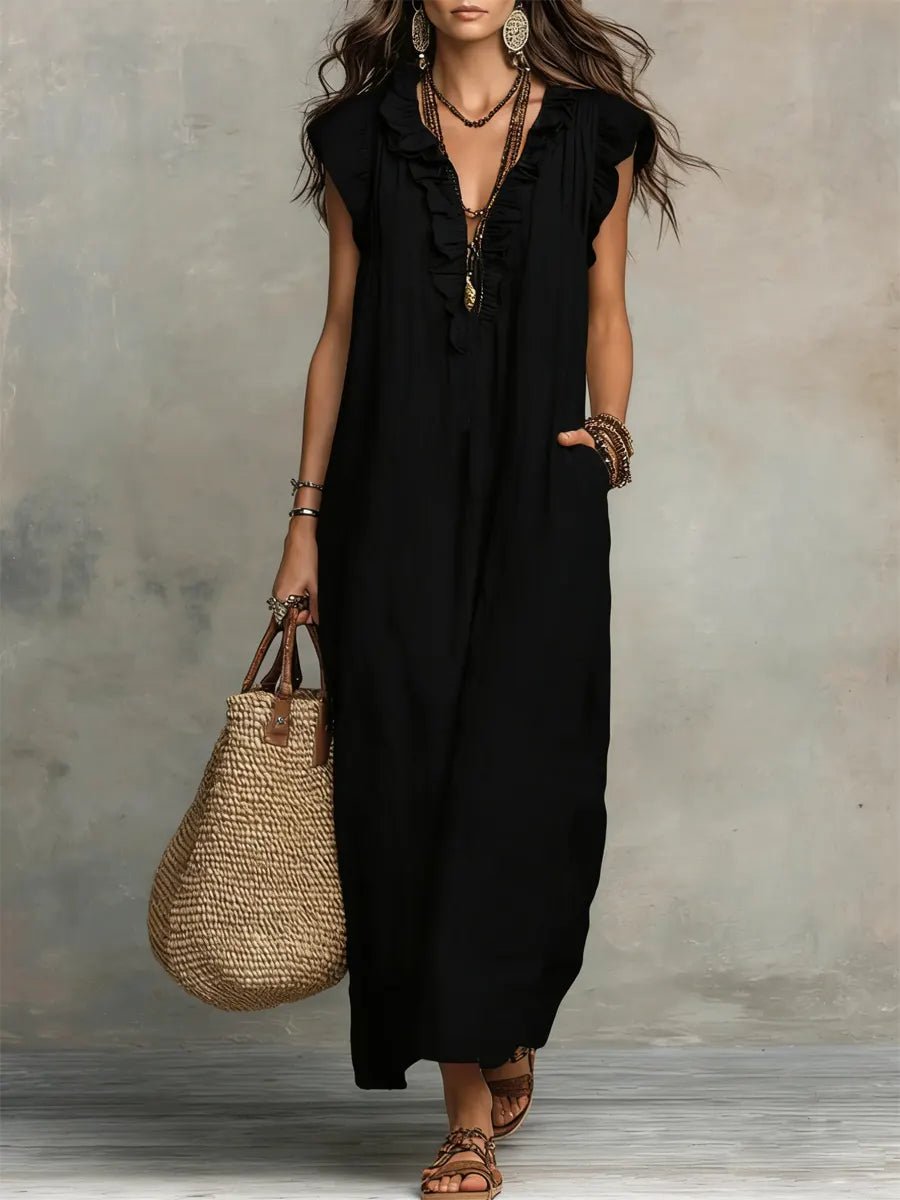 Scarlett Women's Maxi Dress | Linen, Ruffle V-Neck, Flutter Sleeves 5