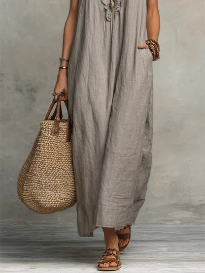 Scarlett Women's Maxi Dress | Linen, Ruffle V-Neck, Flutter Sleeves 6