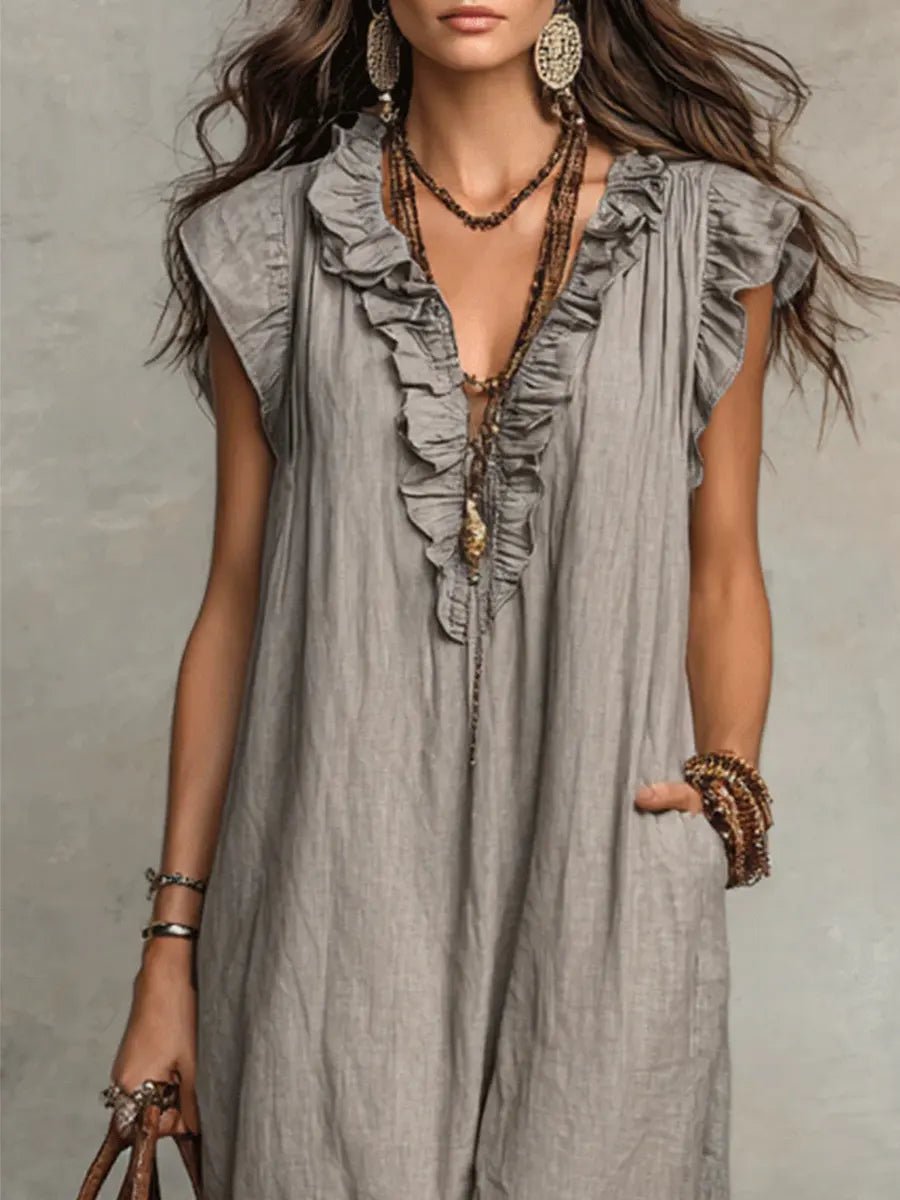 Scarlett Women's Maxi Dress | Linen, Ruffle V-Neck, Flutter Sleeves 7