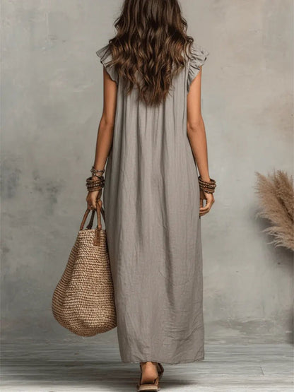 Scarlett Women's Maxi Dress | Linen, Ruffle V-Neck, Flutter Sleeves 8