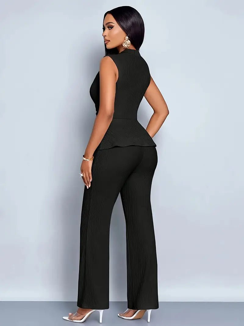 Soleil Women's Two Piece Set | Flared Trousers & Sleeveless Peplum Top 2