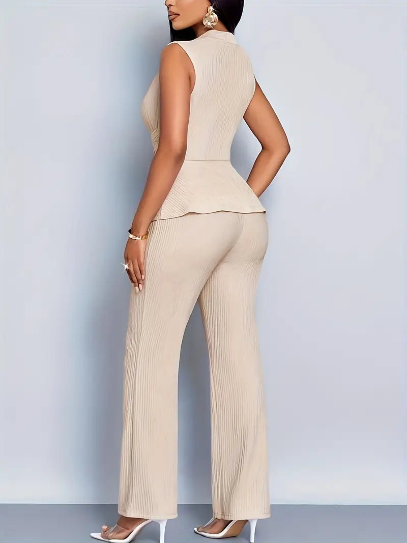 Soleil Women's Two Piece Set | Flared Trousers & Sleeveless Peplum Top 4