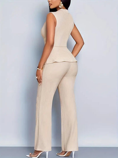 Soleil Women's Two Piece Set | Flared Trousers & Sleeveless Peplum Top 4